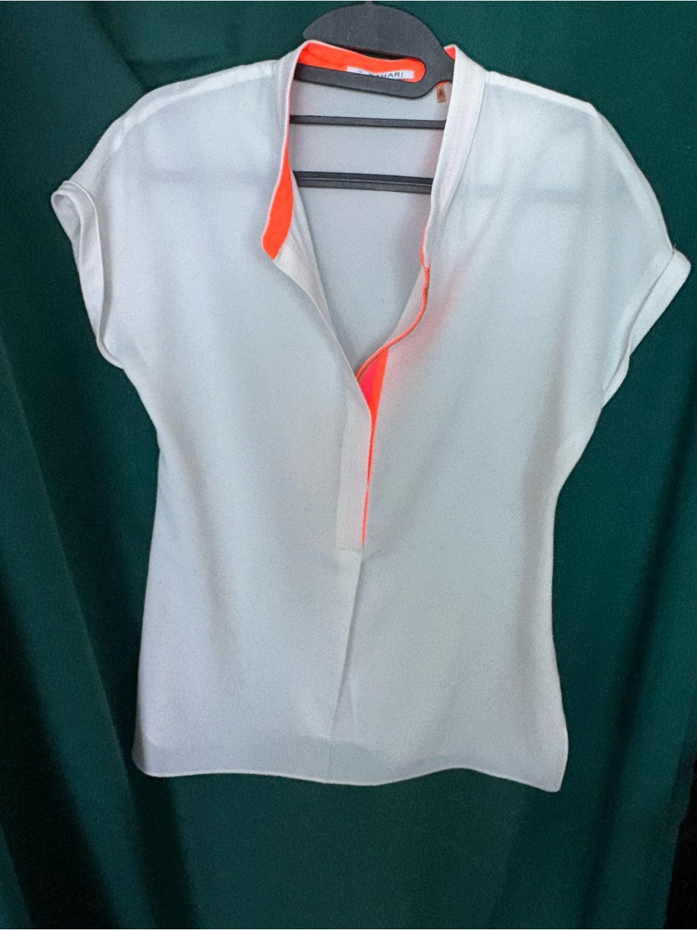 T Tahari White Short-Sleeve Blouse with Neon Orange Trim